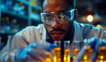 Bioengineer conducting advanced research in a laboratory with safety gear and high-tech equipment. Concept Bioengineering Research, Lab Safety Gear, High-Tech Equipment, Advanced Studies